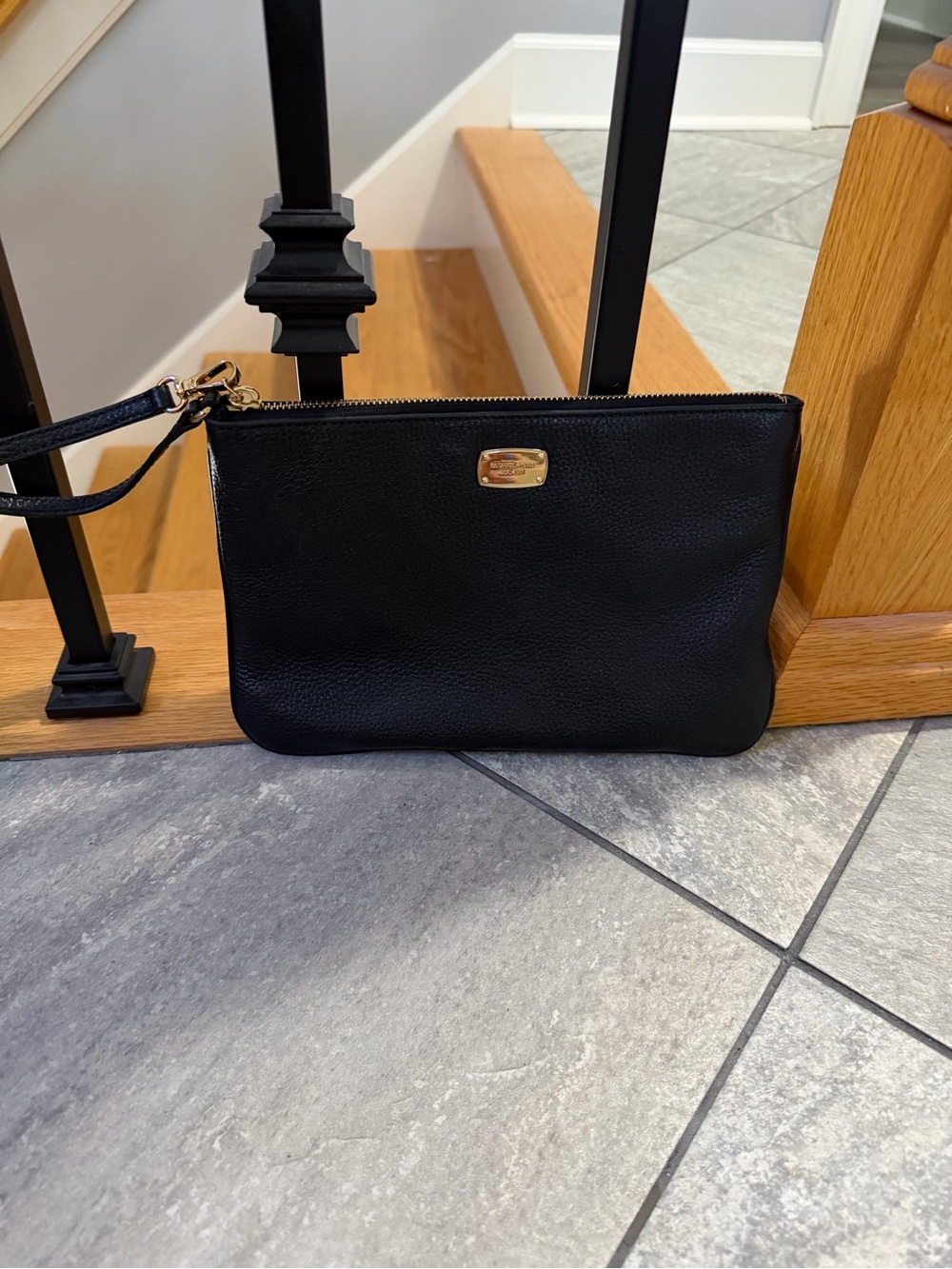 Michael Kors Black Leather Wristlet with Gold Hardware